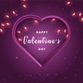 Happy Valentine`s day card with paper cut heart shape and bright garland on purple background. Vector illustration