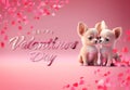 Happy ValentineÃ¢â¬â¢s Day card. Puppys in love on pink background. Two cute dogs close to eachother in cartoon style. Generative Ai Royalty Free Stock Photo