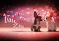 Happy ValentineÃ¢â¬â¢s Day card. Puppys in love on pink background. Two cute dogs close to eachother in cartoon style. Generative Ai Royalty Free Stock Photo