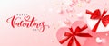 Happy Valentine`s Day card. Vector illustration with 3D gift boxes, hearts, streamers and confetti. Holiday background