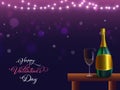 Happy Valentine\'s Day Celebration Concept with Realistic Champagne Bottle, Flute Glass on Table and Lighting Garland Royalty Free Stock Photo