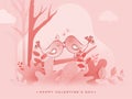 Happy Valentine`s Day Celebration Greeting Card with Romantic Birds Couple Sitting on Pink Background