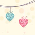 Happy Valentines Day celebration with hanging hearts. Royalty Free Stock Photo