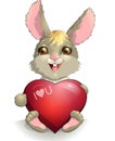 Happy Valentine`s Day character smiling hare holding a heart