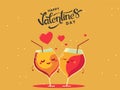 Happy Valentine`s Day Concept With Funny Cocktail Glasses Couple Cheering, Hearts On Chrome Yellow