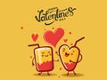 Happy Valentine`s Day Concept With Funny Cocktail Glasses Couple Cheering, Hearts On Yellow