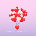 Happy valentine`s day concept. group of heart in red and white color floating as balloon up to the sky with text happy valentines.