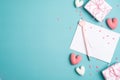 Happy Valentine`s day concept. Love letter, gift boxes, hearts on blue background Royalty Free Stock Photo