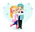 Happy Valentine s Day concept. Loving couple is hugging and the Boy Is Showing Ice Heart To The Girl. Funny cartoon Royalty Free Stock Photo