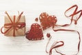 Happy valentine`s day concept. stylish craft present box and red