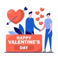 Happy valentine`s day concept with tiny character. Couple in love flat vector illustration. February 14 is the day of all lovers.