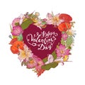 Happy Valentine`s Day congratulation card with heart of flowers Royalty Free Stock Photo