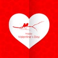 Happy Valentine`s day with Couple bird branches in white paper heart on red rose background vector design