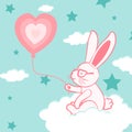 Happy Valentine`s Day with cute bunny and balloon, Valentines Day background with rabbit on cloud Royalty Free Stock Photo