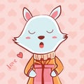 Happy Valentine`s Day with cute fox and giftbox, Valentines Day background with heart