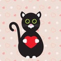 Happy Valentine`s Day. Cute and loving cat with a heart in paws.