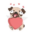 Happy Valentine`s Day. Cute pug dog huging pink heart. Hand rdawn vector cartoons illustration. Isolation on white background.
