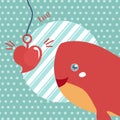 Happy Valentine`s Day with cute shark, Valentines Day background with shark and hook heart shape
