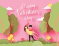 Happy Valentine`s day 3d abstract paper cut illustration of colorful paper art landscape with paper cut couple, trees Royalty Free Stock Photo