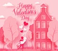 Happy Valentine`s day 3d abstract paper cut illustration of pink paper art landscape with paper cut couple, house, Royalty Free Stock Photo