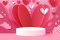 Happy Valentine's day 3D Podium scene or pedestal on pink background with heart paper cut craft shapes. Studio for Royalty Free Stock Photo