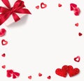 Happy Valentine`s Day design template. Valentines Day background with gift box, red hearts, confetti and red rose petals. Royalty Free Stock Photo