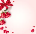 Happy Valentine`s Day design template. Valentines Day background with roses, gift box, red hearts, confetti and red rose petals. Royalty Free Stock Photo