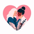 Happy Valentine`s Day.14 February.Lesbian couple in love. Flat Vector illustration