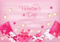 Happy Valentine`s Day Flyer, Horizontal Web Banner Background with candies, cookies in the shape of heart, garland, gift boxes. Royalty Free Stock Photo