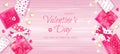 Happy Valentine`s Day Flyer, Horizontal Web Banner Background with candies, cookies in the shape of heart, garlands, gift boxes. Royalty Free Stock Photo