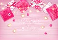 Happy Valentine`s Day Flyer, Horizontal Web Banner Background with lollipops, cookies in the shape of heart, garland, gift boxes Royalty Free Stock Photo