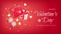 Happy Valentine`s Day Flyer, Horizontal Web Banner Background with lollipops, gift boxes, heart shaped cookies, coffee cups Royalty Free Stock Photo