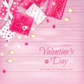 Happy Valentine`s Day Flyer, Web Banner Background with candies, cookies in the shape of heart, garland, gift boxes. Royalty Free Stock Photo