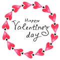 Happy Valentines Day. Frame of red watercolor hearts. Background template for greeting cards, declarations of love, web