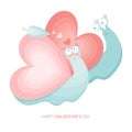 Happy Valentine s day. Funny cartoon snail with a house in the shape of a heart. A cute animal with a pink heart. Greeting card or Royalty Free Stock Photo