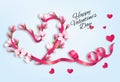 Happy Valentine`s Day getting card with a red heart shape ribbon