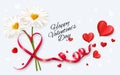 Happy Valentine`s Day getting card  with two white daisies and a red heart shape ribbon Royalty Free Stock Photo