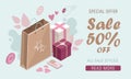 Happy Valentine s Day. Gifts and paper bag. Isometric sale banner