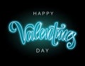 Happy Valentine`s day glowing script lettering inscription, vector neon sign isolated on black bacground.