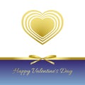 Happy Valentine`s Day. Gold heart, gold bow, gold ribbon