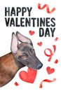 `Happy Valentine`s Day` greeting card with adorable brown dog holding bright love heart.