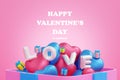 Happy valentine`s day greeting card banner with heart shape gift box balloon, 3D rendering Royalty Free Stock Photo