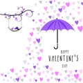 Happy Valentine\'s Day Greeting Card with Birds Couple Swinging, Umbrella and Tiny Hearts Decorated Royalty Free Stock Photo