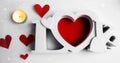 Happy valentine`s day. Greeting card concept. Banner large volumetric letters `love` with red hearts,