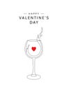 Happy Valentine`s Day. Greeting card concept with continuous line wineglass. Single line glass drawing with red heart inside. Lov