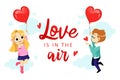 Happy Valentine s Day Greeting Card Concept. Couple In Love Is Flirting And Smiling. Boy And Girl Are Holding Air Royalty Free Stock Photo