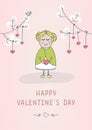 Happy Valentine`s day greeting card with cute girl Royalty Free Stock Photo