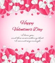 Happy Valentine`s Day. Greeting card, elegant invitation for party,  banner, web poster with pink, white 3d paper hearts Royalty Free Stock Photo