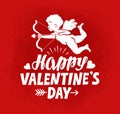 Happy Valentine`s Day, greeting card. Flying angel, cherub or cupid with bow and arrow