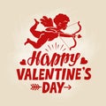 Happy Valentine`s Day, greeting card. Flying angel, cherub or cupid with bow and arrow. Vintage vector illustration